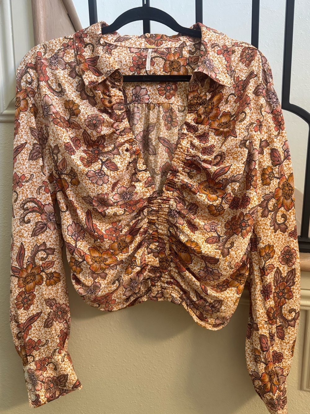 Urban Outfitters Free People Floral Ruched V-Neck Blouse - Cream, Brown, Rust